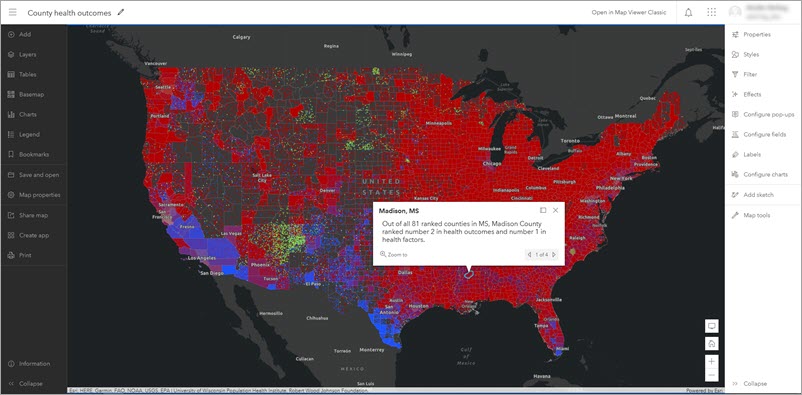 Karte der Gesundheitsdaten der Countys im neuen Map Viewer mit den angezeigten Werkzeugleisten "Inhalt" und "Einstellungen"