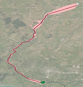 Zwei Positionen, verbunden durch ein Korridorgebiet und eine Linie der kostengünstigsten Route