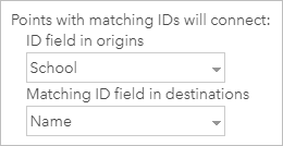 Screenshot der ID-Feld-Parameter im Dialogfeld des Werkzeugs mit ausgewähltem Feld "School" für die Startpunkte und "Name" für die Ziele