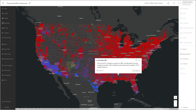 County health outcomes map in the new Map Viewer with the Contents and Settings toolbars displayed