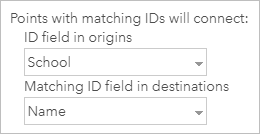 Screenshot of the ID field parameters in the tool dialog box with the School field selected for the origins and the Name field selected for the destinations
