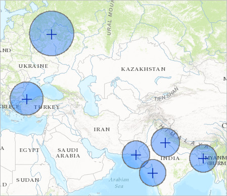 300-mile buffers displayed in different parts of the world