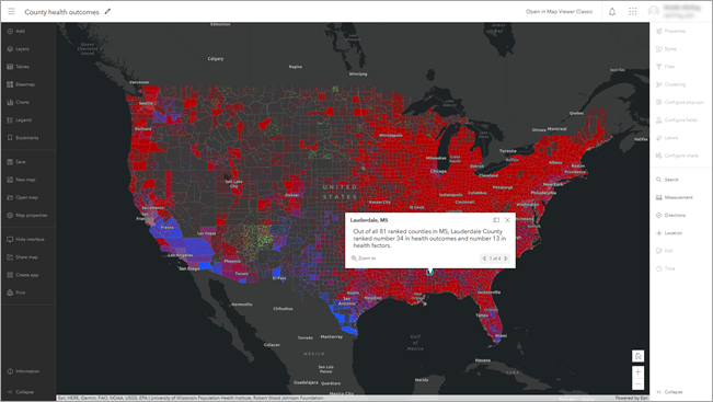 Mapa de resultados de la salud de los condados en el nuevo Map Viewer con las barras de herramientas Contenido y Configuración mostradas