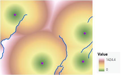 Mapa de distancia en línea recta ajustado rodear los cursos de agua que sean barreras