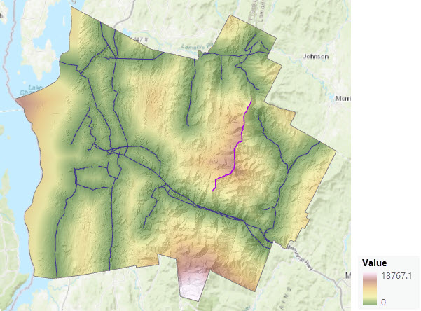 Mapa de distancia en línea recta ajustado con barreras y un ráster de superficie