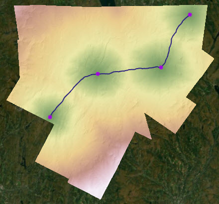 Cuatro puntos conectados con las rutas de menor coste