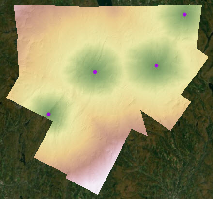 Mapa de la distancia del coste acumulado calculado a partir de cuatro puntos