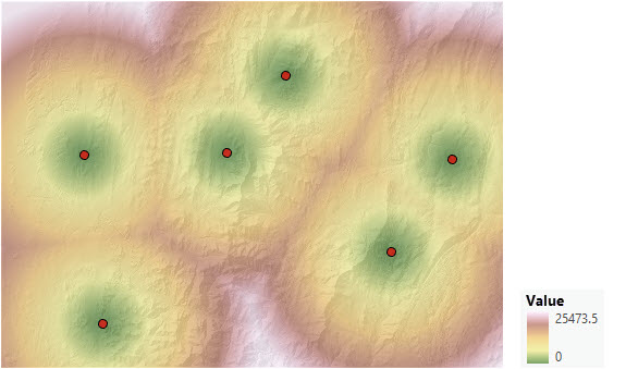 Mapa de distancia en línea recta desde seis puntos Mapa de distancia en línea recta desde seis puntos