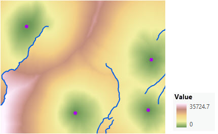 Mapa de distancia de coste acumulativo desde cuatro estaciones de guardabosques