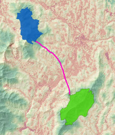 Carte du chemin de moindre coût entre deux emplacements apparaissant sur la surface de coût