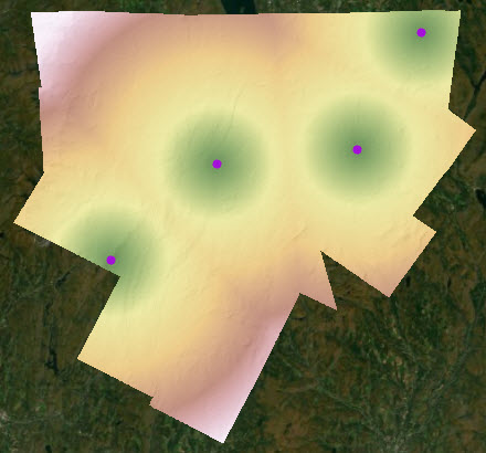 Carte montrant la distance en ligne droite calculée à partir de quatre points