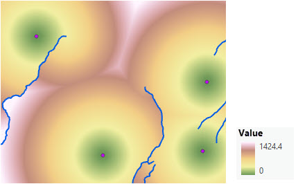 Carte montrant la distance en ligne droite en cours d’ajustement pour contourner les cours d’eau qui sont des interruptions Carte montrant la distance en ligne droite en cours d’ajustement pour contourner les cours d’eau qui sont des interruptions