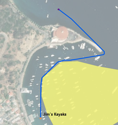 Chemin qu’un kayak doit emprunter pour contourner une presqu’île et retourner au magasin de location de kayak Chemin qu’un kayak doit emprunter pour contourner une presqu’île et retourner au magasin de location de kayak