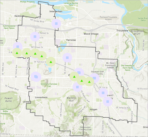 Zone tampon d'environ 400 mètres autour de sites de développement potentiels