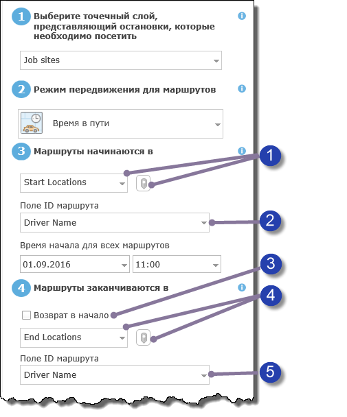 Параметры начальных и конечных точек маршрутов