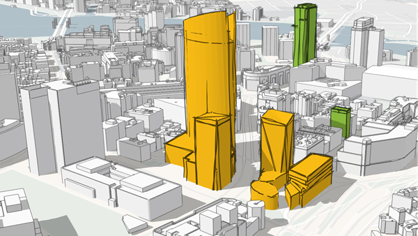 以 3D 对象场景图层形式呈现的建筑物