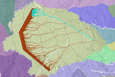 前 10% 从面目的地开始的最低成本路径的地图,可显示这些路径如何共享相似路径 前 10% 从面目的地开始的最低成本路径的地图,可显示这些路径如何共享相似路径